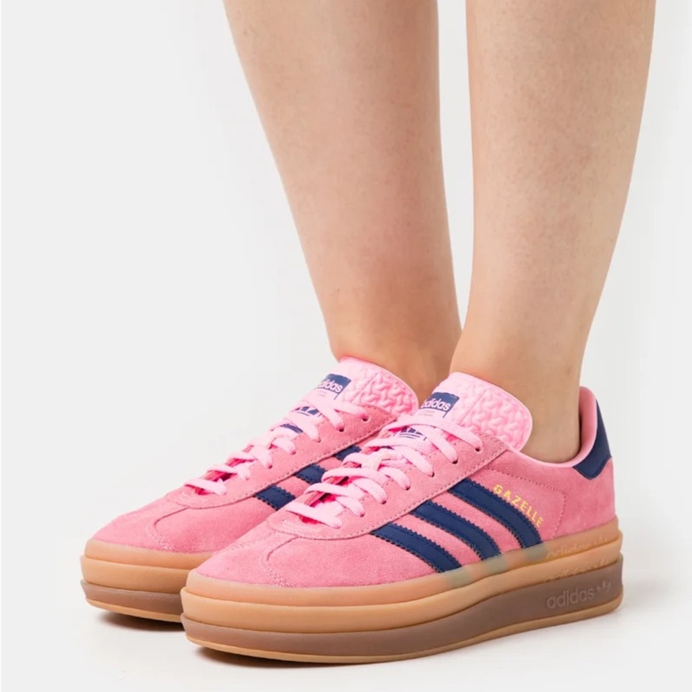 adidas Gazelle Platform Pink Suede Sneakers with Navy Stripes